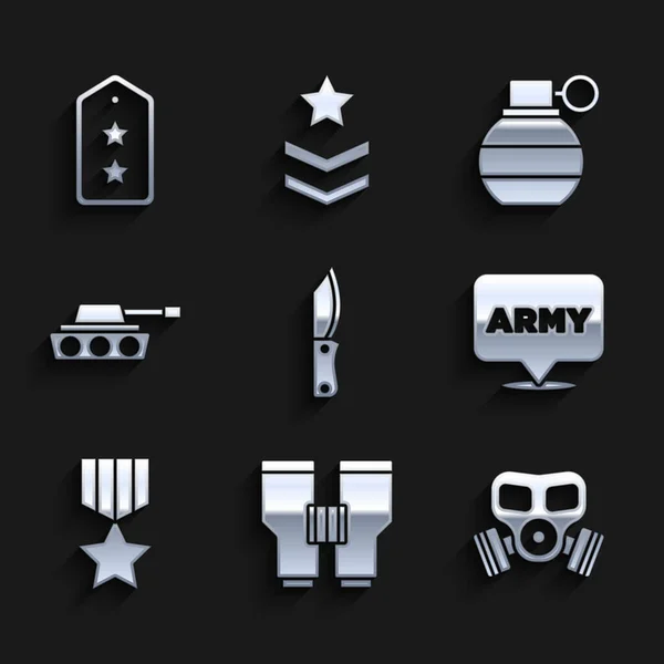 Set Militärmesser, Fernglas, Gasmaske, Armee, Belohnungsmedaille, Panzer, Handgranate und Rangsymbol. Vektor — Stockvektor