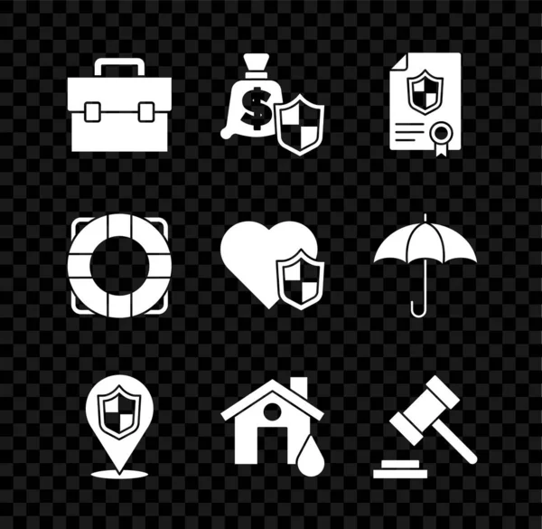 Set Briefcase, Money with shield, Contract, Location, House flood, Judge gavel, Lifebuoy and insurance icon. Vector — Archivo Imágenes Vectoriales