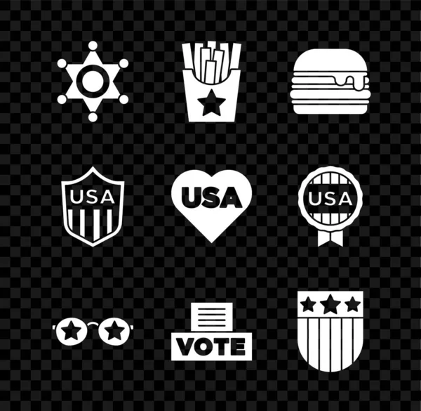 Set Hexagram sheriff, Potatoes french fries in box, Burger, Glasses with stars, Vote, Shield, and USA Independence day icon. Vector — Vettoriale Stock