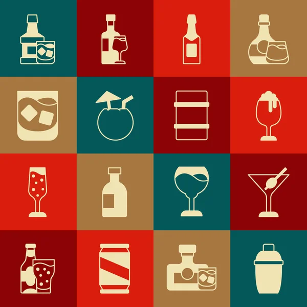 Cocktail shaker, Martini glass, Glass of beer, Chapaint bottle, Coconut cocktail, 위스키 , Whiskey, Metal keg 아이콘을 설정 한다. Vector — 스톡 벡터