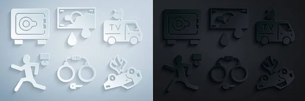 Set Handcuffs, TV News car, Murder, Burning, Bloody money and Safe icon. Vector — Stock Vector