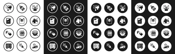 Set Broken window, Thief surrendering hands up, Canister fuel, Bloody money, Murder, Whiskey bottle, Bandit and Cocktail molotov icon. Vector — Archivo Imágenes Vectoriales
