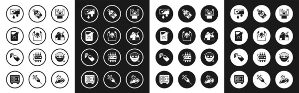 Set Broken window, Thief surrendering hands up, Canister fuel, Bloody money, Murder, Whiskey bottle, Bandit and Cocktail molotov icon. Vector — Vetor de Stock