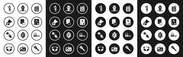 Set Press the SOS button, Braille, Guide dog, Human broken arm, X-ray shots, Poor eyesight, Disabled car and Prosthesis hand icon. Vector — Image vectorielle