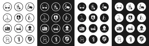 Set Hospital bed, Disabled wheelchair, Walking stick cane, Blind glasses, human holding, Woman, Head of deaf and dumb and Identification badge icon. Vector — Stockvector