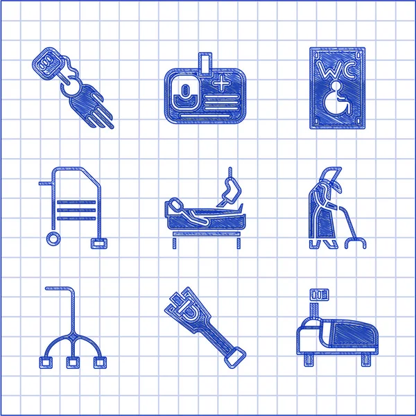 Set Patient with broken leg, Prosthesis, Hospital bed, Grandmother, Walking stick cane, Walker, Separated toilet for disabled and hand icon. Vector — Archivo Imágenes Vectoriales
