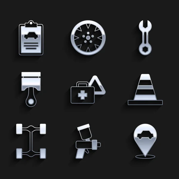 Set First aid kit and warning triangle, Paint spray gun, Location with car service, Traffic cone, Chassis, Engine piston, Wrench spanner and Car inspection icon. Vector — Vetor de Stock