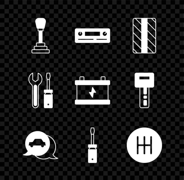 Set Gear shifter, Car Audio, tire wheel, service, Screwdriver, and wrench spanner and battery icon. Vector — Vettoriale Stock