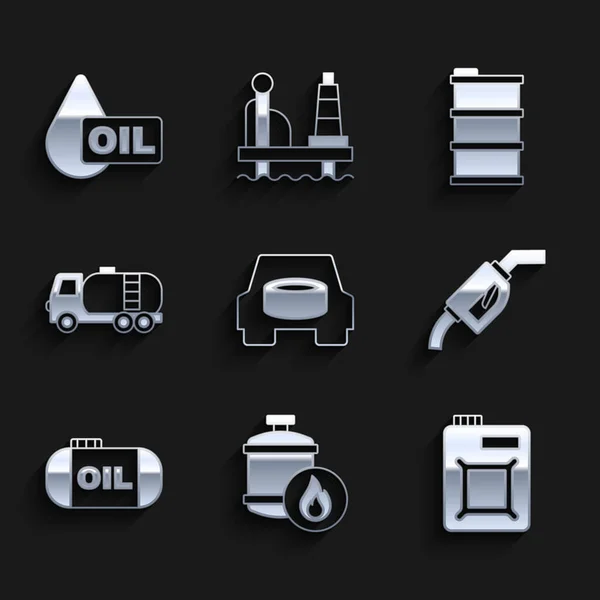 Set Spare wheel in the car, Propane gas tank, Canister for motor oil, Gasoline pump nozzle, Oil storage, Tanker truck, Barrel and drop icon. Vector — Stockvektor