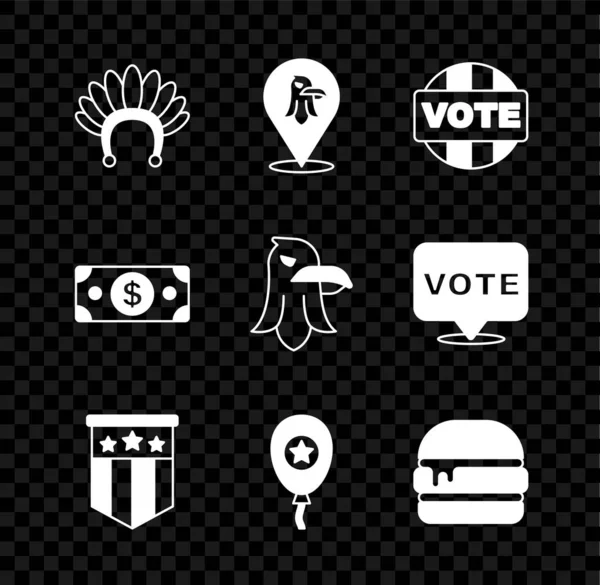 Set tocado indio con plumas, águila, voto, bandera americana, globos, hamburguesa, dinero en papel pilas y el icono. Vector — Archivo Imágenes Vectoriales