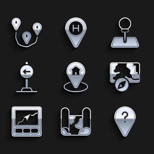 Set Location with house, Folded map, Unknown route point, City navigation, Gps device, Traffic sign turn left, Push pin and Route location icon. Vector — Stockvektor