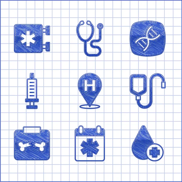 Set Location hospital, Doctor appointment, Donate drop blood, IV bag, X-ray shots with broken bone, Syringe, DNA symbol and Emergency Star of Life icon. Vector — ストックベクタ