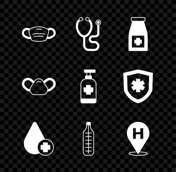 Σετ Ιατρική προστατευτική μάσκα, Stethoscope, μπουκάλι φάρμακο και χάπια, Donate αίμα σταγόνα, θερμόμετρο, Τοποθεσία νοσοκομείο, και Antibacterial εικονίδιο σαπούνι. Διάνυσμα — Διανυσματικό Αρχείο