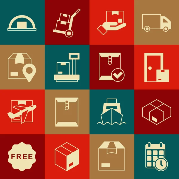 Set Cardboard box with calendar, Carton cardboard, Home delivery services, Delivery hand, Scale, Location, Warehouse and Envelope check mark icon. Vector — Stock Vector