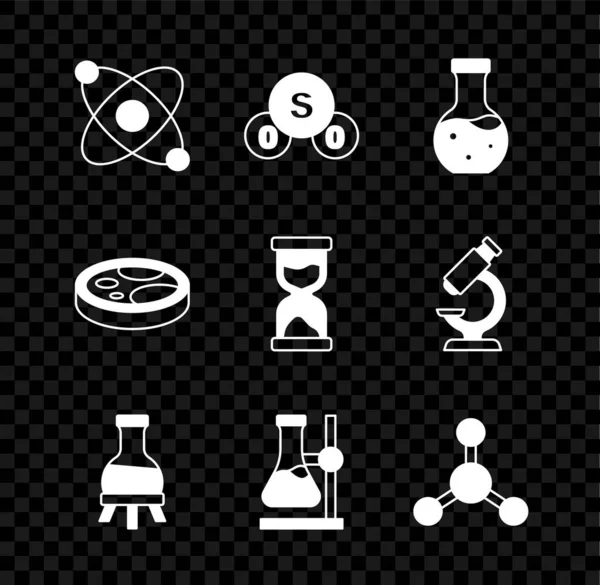 Set Atom, Sulfur dioxide SO2, Test tube, flask on stand, Molecule, Petri dish with bacteria and Old hourglass icon. Vector — Wektor stockowy