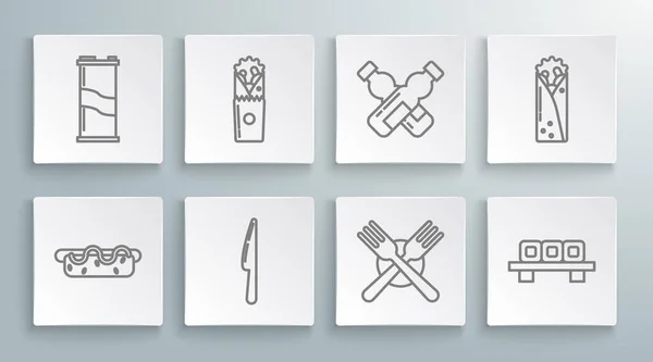 Set line Hotdog sandwich with mustard, Doner kebab, Knife, Crossed fork, Sushi cutting board, bottle of water, and Soda can icon. Vector — Stockvektor