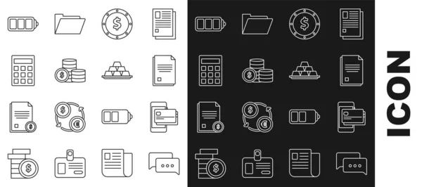 Establecer línea Charla de voz burbuja, Teléfono móvil y tarjeta de crédito, Documento de archivo, Moneda de dinero con símbolo de dólar, Calculadora, Indicador de nivel de carga de la batería y barras de oro icono. Vector — Vector de stock