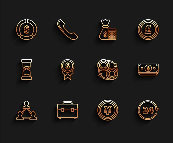 Set line Project team base, Briefcase, Coin money with dollar symbol, Yen, Clock 24 hours, Reward for good work, Stacks paper cash and Gear and arrows workflow process concept icon. Vector — Stockvektor