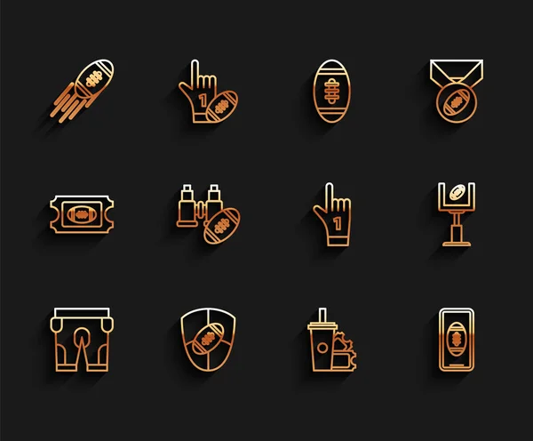 Set line American football shorts, ticket paper glass soda with drinking straw, Smartphone american on the screen, Binoculars, goal post and Number 1 fan hand glove finger raised icon. Vector — Vettoriale Stock