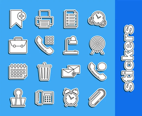 Set line Paper clip, Telephone handset and speech bubble chat, Target, File document, Briefcase, Bookmark and Table lamp icon. Vector — Vetor de Stock