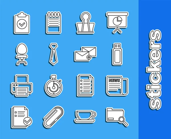 Set line Search concept with folder, News, USB flash drive, Binder clip, Tie, Office chair, Completed task and Envelope icon. Vector — Stockvektor