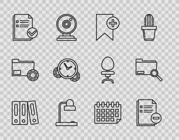 Set line Office folders with papers and documents, Document minus, Bookmark, Table lamp, check, Time Management, Calendar and Search concept icon. Vector — Image vectorielle