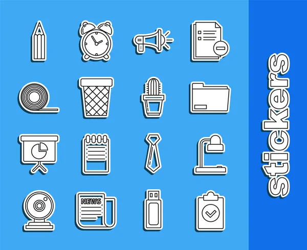 Set line Completed task, Table lamp, Document folder, Megaphone, Trash can, Scotch, Pencil and Cactus and succulent in pot icon. Vector — Vetor de Stock
