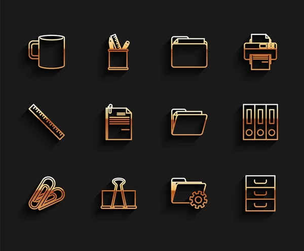 Set line Paper clip, Binder, Coffee cup flat, Folder settings with gears, Drawer documents, File and paper, Office folders papers and Document icon. Vector — 图库矢量图片