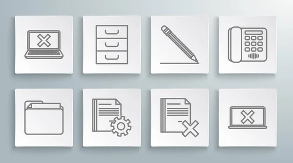 Set line Document folder, Drawer with documents, settings gears, Delete file, Laptop and cross mark on screen, Pencil eraser line, Telephone and icon. Vector — Stockový vektor