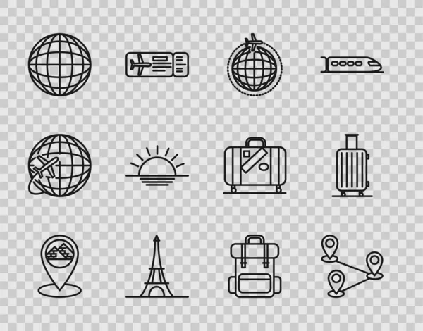 Set line Map pointer with Egypt pyramids, Route location, Globe flying plane, Eiffel tower, Earth globe, Sunset, Hiking backpack and Suitcase for travel icon. Vector — Image vectorielle