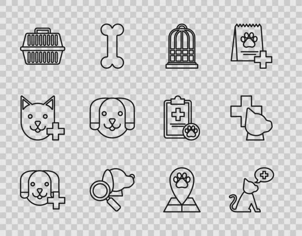 Set line Veterinary clinic symbol, Cage for birds, Pet carry case, Dog, Map pointer with veterinary medicine hospital and icon. Vector — Wektor stockowy