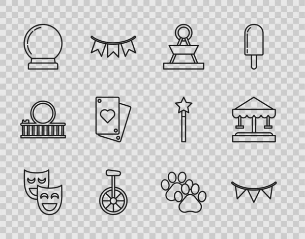 Set line Comedy theatrical masks, Carnival garland with flags, Attraction carousel, Unicycle or one wheel bicycle, Magic ball, Playing card, Paw print and icon. Vector — Vettoriale Stock