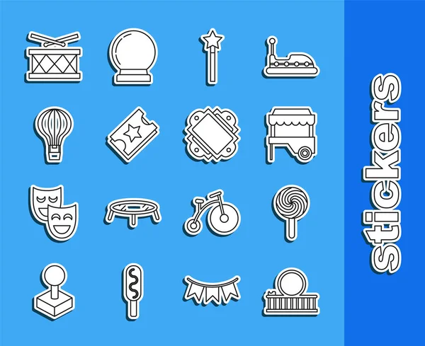 Set line Roller coaster, Lollipop, Fast street food cart with awning, Magic wand, Ticket, Hot air balloon, Drum drum sticks and icon. Vector — Vetor de Stock