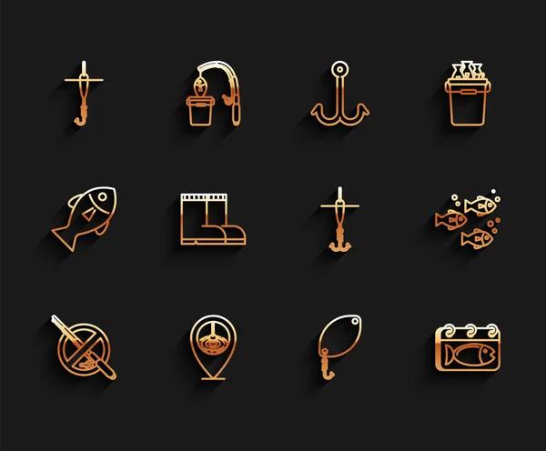 Set line No fishing, Location, Fishing hook and float, spoon, Calendar with, boots, and icon. Vector — Image vectorielle