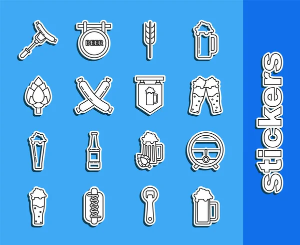 Set line Glass of beer, Wooden barrel on rack with stopcock, Cereals set rice, wheat, corn, oats, rye, barley, Crossed sausage, Hop, Sausage the fork and Street signboard glass icon. Vector — стоковый вектор