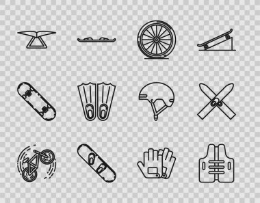 Set line Bicycle trick, Life jacket, wheel, Snowboard, Hang glider, Rubber flippers for swimming, Gloves and Ski and sticks icon. Vector