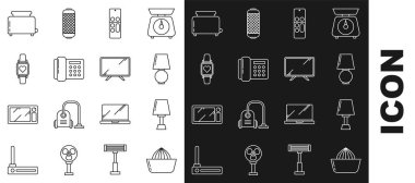 Citrus meyve sıkacağı, masa lambası, uzaktan kumanda, telefon, kalp atış hızını gösteren akıllı saat, tost makinası ve televizyon ikonu. Vektör