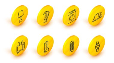 Kalp atışlarını gösteren akıllı saat, ses hoparlörü, blender, televizyon, elektrikli ütü, çamaşır makinesi ve masa lambası ikonu. Vektör