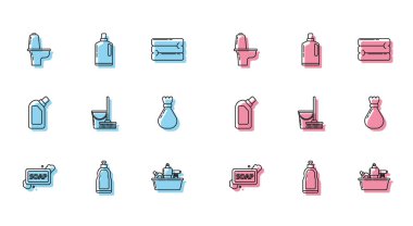 Set line Bar of soap with foam, Plastic bottles for liquid dishwashing liquid, Toilet bowl, Mop and bucket, Garbage bag, and icon. Vector