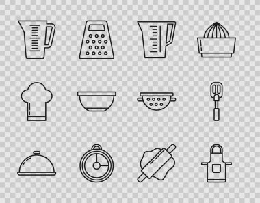 Set line Covered with a tray of food, Kitchen apron, Measuring cup, timer, Bowl, Rolling pin and Spatula icon. Vector