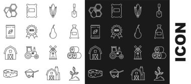Set line Sprout, Roll of hay, Bag flour, Corn, Banner, label, tag, logo for eco, A pack full seeds specific plant, Honeycomb and Pear icon. Vector