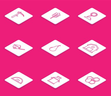 Set line Scythe, Cereals with rice, wheat, corn, oats, rye, Sunflower, Wheelbarrow dirt, Pear, Farm House concept, Hangar and Can container for milk icon. Vector