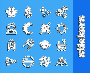 Set line Mars rover, Sun, Falling star, Moon and stars, Astronaut, Alien and Earth globe icon. Vector