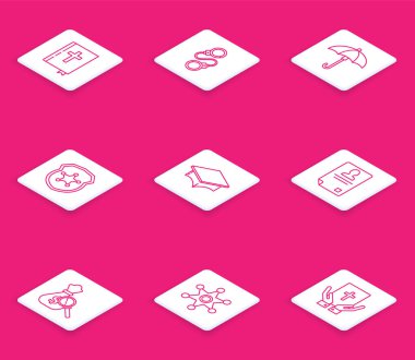 Set line Holy bible book, Handcuffs, Umbrella, Police badge, Graduation cap, Identification, Money bag magnifying glass and Hexagram sheriff icon. Vector