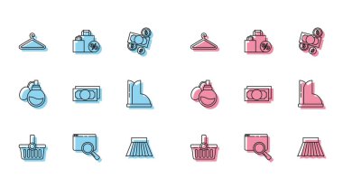 Hat çizgisi alışveriş sepeti, arama tarayıcı penceresi, elbise askısı, etek, kağıt para, su geçirmez lastik bot, parfüm ve indirim ikonlu çanta. Vektör