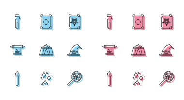 Sihirli değnek, sihirli parıltılı ışıltı, şişe aşk iksiri, değnek, sirk çadırı, cadı şapkası, parşömen ve Eskiler 'in kitap ikonu. Vektör