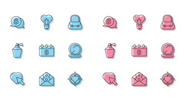 Set line Heart and cursor click, Envelope with 8 March, in speech bubble, the center of target aim, Calendar, Makeup powder mirror, Perfume and shape light bulb icon. Vector