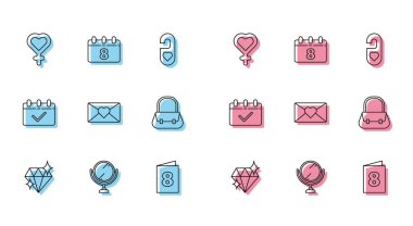 Set line Diamond, Round makeup mirror, Female gender symbol, Greeting card with 8 March, Envelope, Handbag, Calendar and icon. Vector