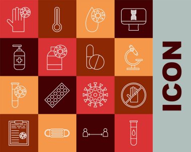 Set line Blood test and virus, No handshake, Microscope, Bottle with, of liquid antibacterial soap, Hand and Medicine pill or tablet icon. Vector