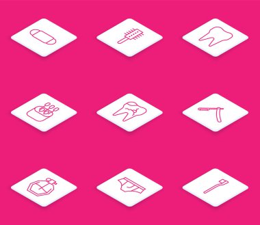 Set line Medical protective mask, Hairbrush, Tooth, Cotton swab for ears, Broken tooth, Straight razor, Perfume and Underwear icon. Vector